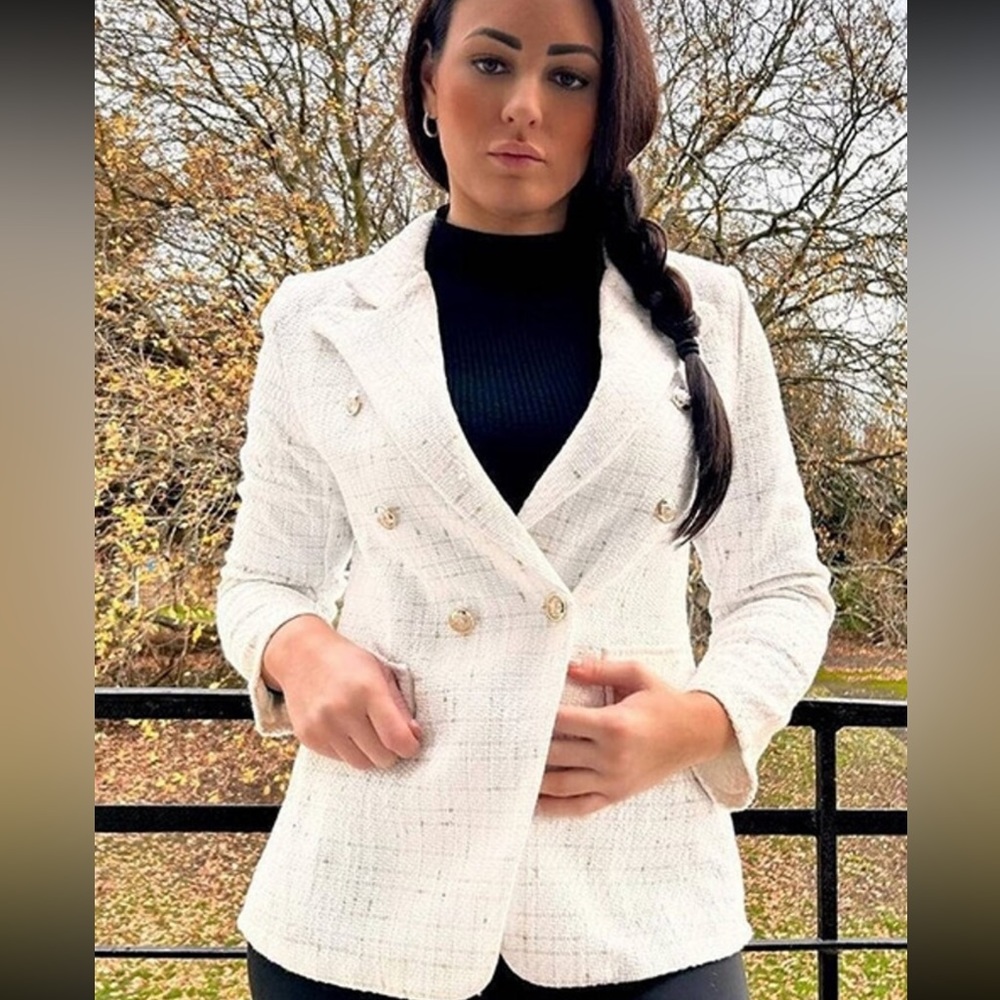 Classic Plaid Tweed Double Breasted White Blazer Jacket Long Sleeve - Picture 12 of 16